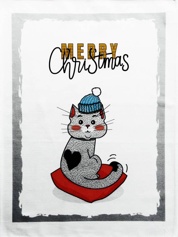 Grand torchon en coton « Merry Christmas from the Cat » pour la vente par Half a Donkey