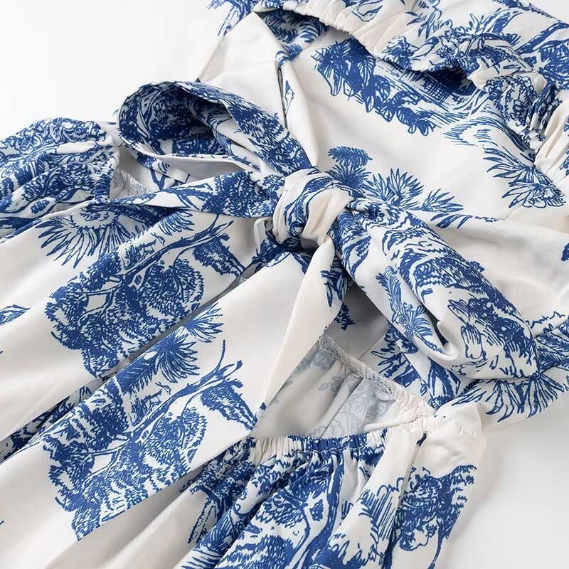 Blue Floral Toile print strappy dress w open back bow tie for wholesale on Faire8