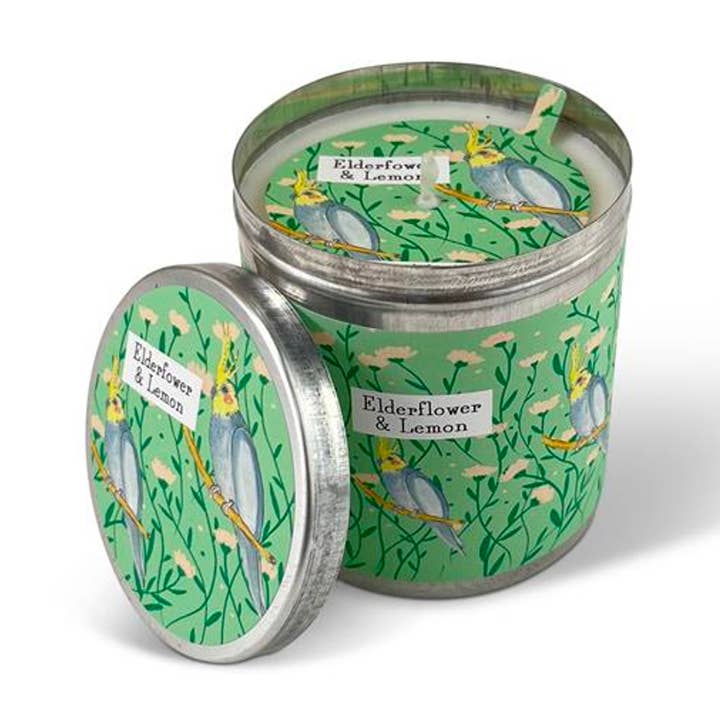 Elderflower & Lemon Cockatiel 200ml Candle Tin & Dust Cover for wholesale by Heaven Scent Incense Ltd