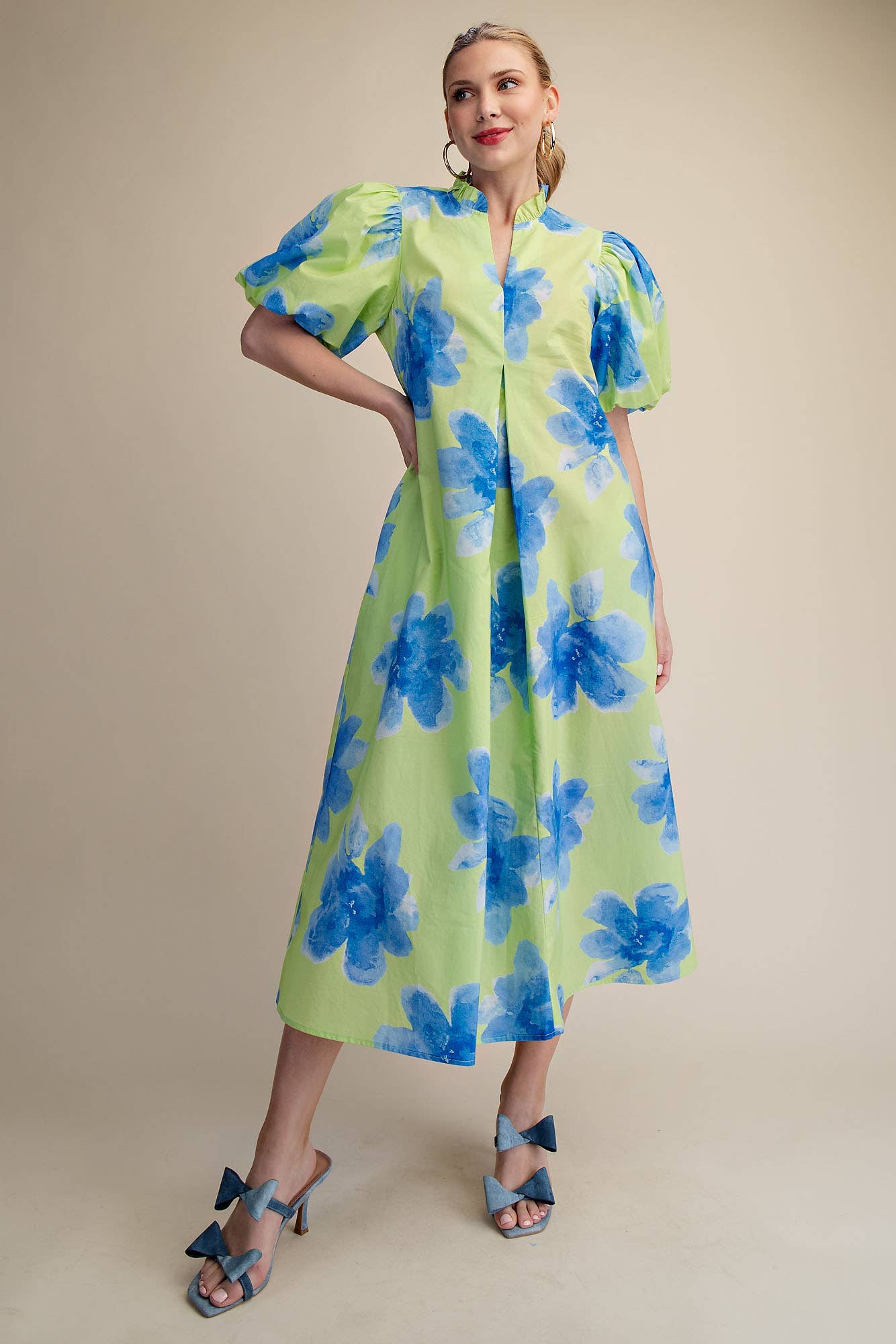 Glam - Wholesale Dress - Women's - Ruffle V-Neck Puff Sleeve Waist Pleated Midi Dress2