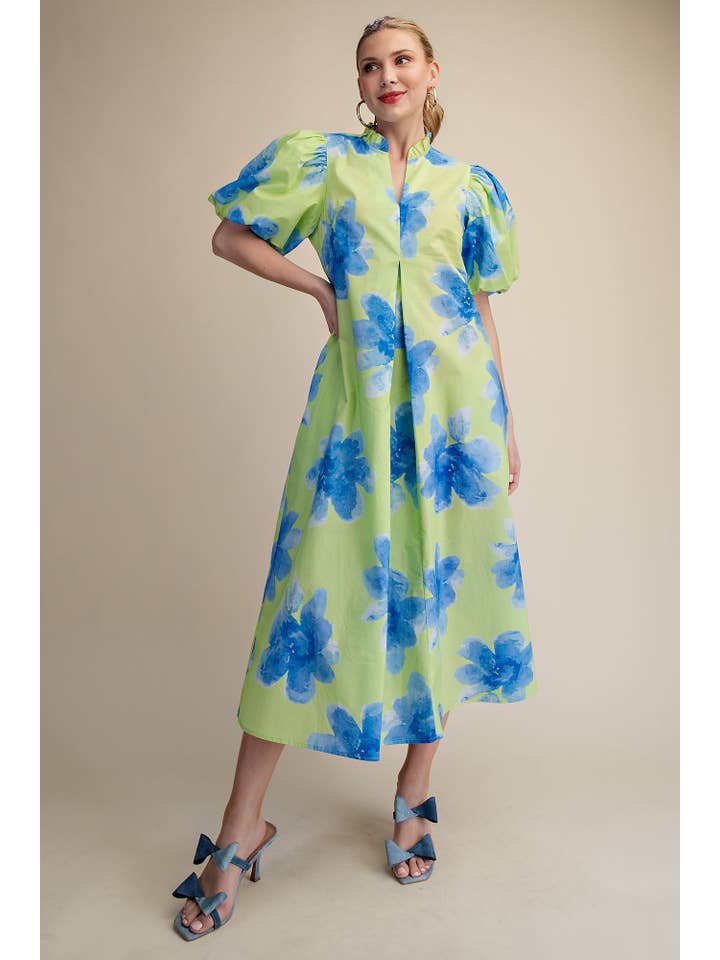 Glam - Wholesale Dress - Women's - Ruffle V-Neck Puff Sleeve Waist Pleated Midi Dress2