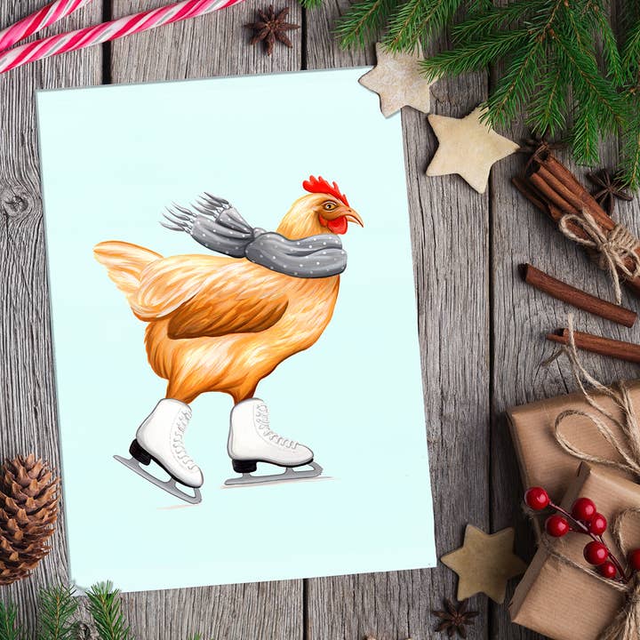 Carte de vœux pour le patinage pour poules pour la vente par Sardines Studio