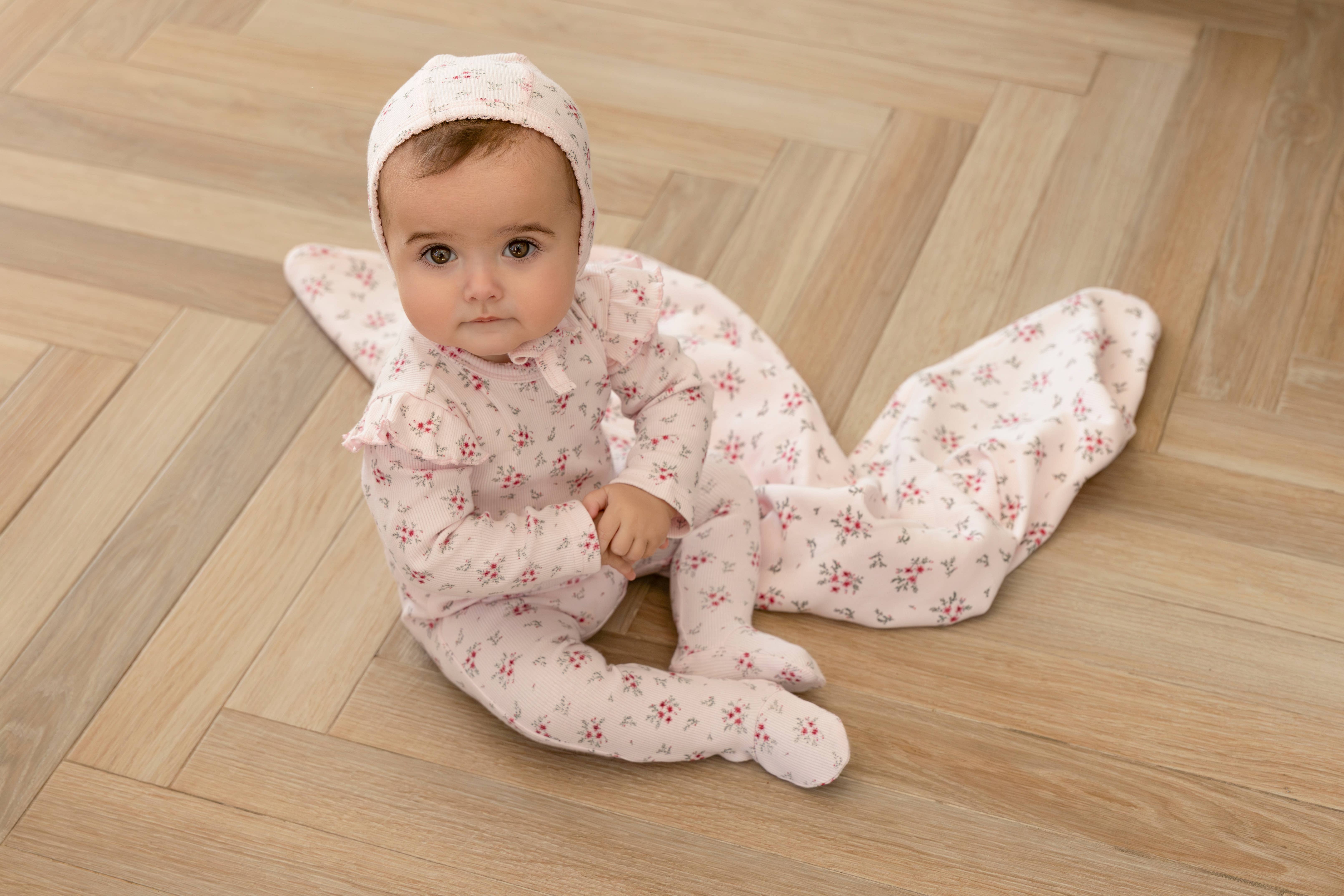 Pink Ruffled Sleeve Floral 3 Pc Footie Set for wholesale on Faire2