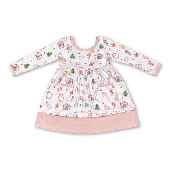 Yawoo Garments - Wholesale Dress - Kids - Stripe candy cane gingerbread pockets girls Christmas dress