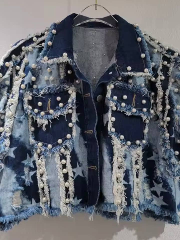 Pearl Trim Denim Jacket for wholesale by Luxe & Leather by Madonna & Co