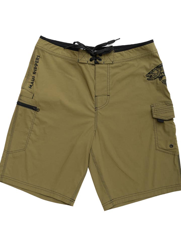 Short en nylon stretch premium Olive pour la pêche, Spotted Sea Trout 21" pour la vente par Maui Rippers