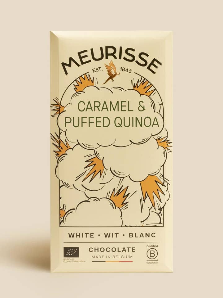 Witte chocolade met gepofte quinoa en karamel (100g) voor wholesale door MEURISSE - est.1845