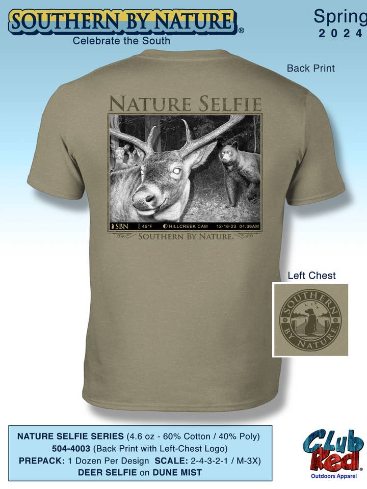 CLUB RED OUTDOORS - Wholesale Screen Printed T-Shirt - Men's - Men's Hunting Tee, Nature,
Trail-cam Deer Selfie.