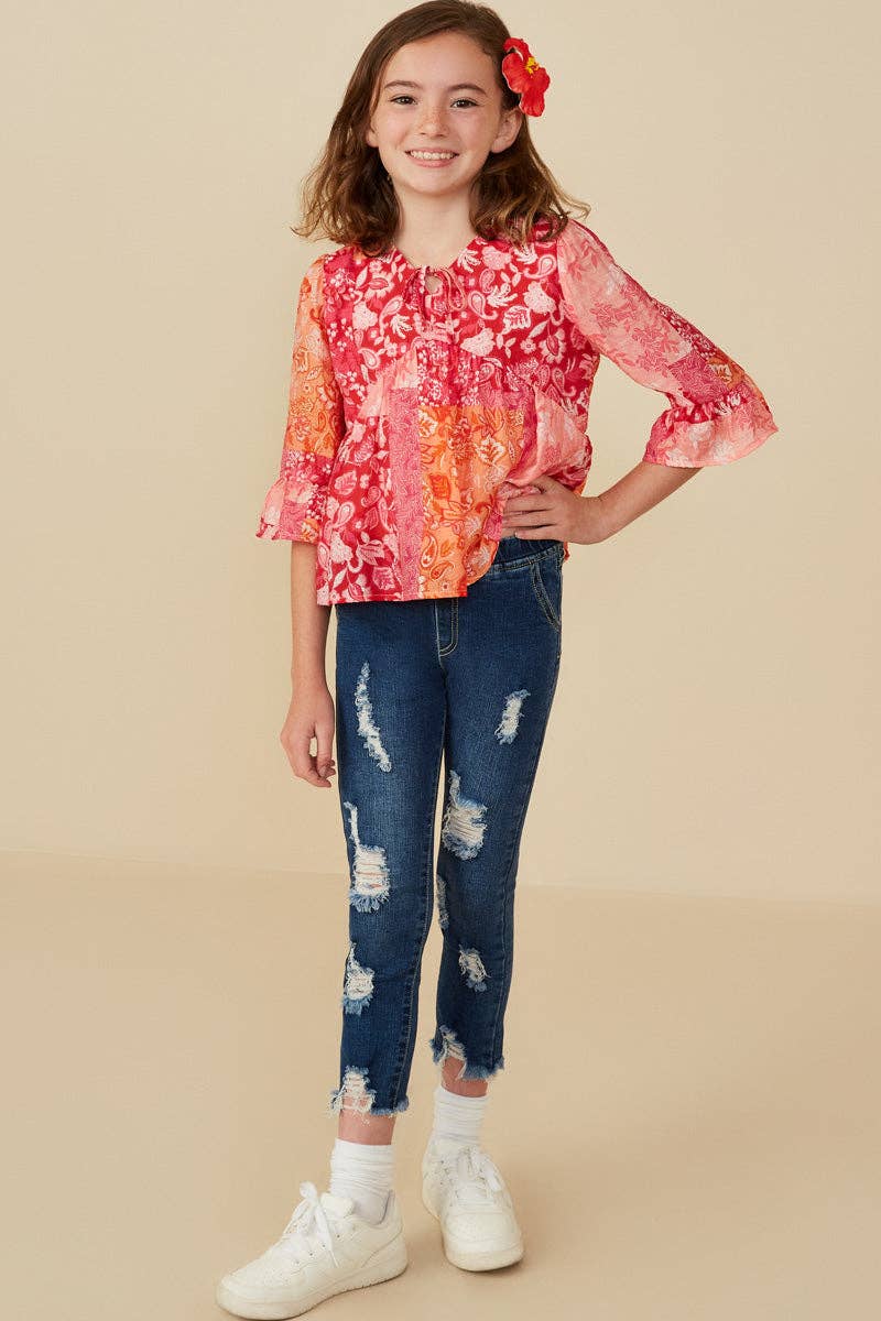 Pink Mix Girls Print Blocked Cinch Sleeve Baby Doll Top for wholesale on Faire3