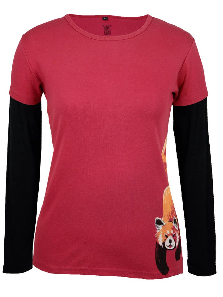Dame Double-Up Tee - Rød Panda På Rød/Sort for engroshandel hos Green 3