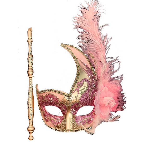 Pink Gold Venetian Mask With Stick for wholesale by KBW Global Corp.