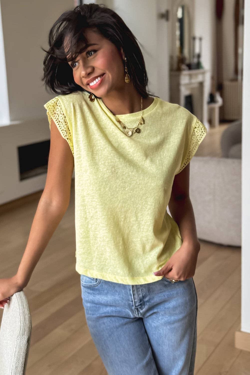 Yellow Cream Lace Patchwork Cap Sleeve Round Neck T Shirt for wholesale on Faire2