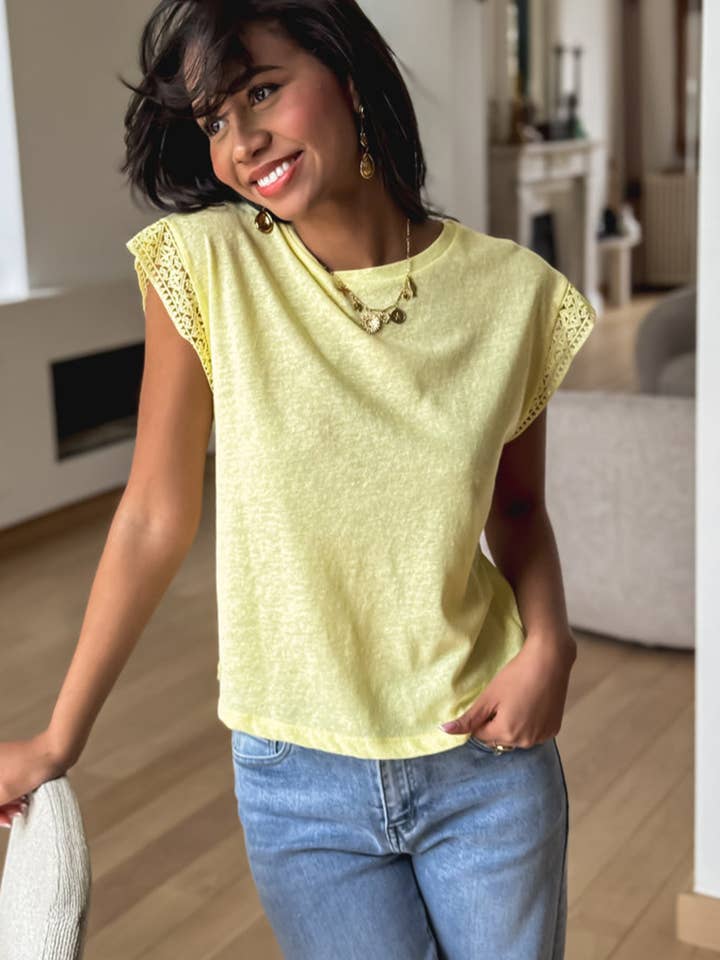 Yellow Cream Lace Patchwork Cap Sleeve Round Neck T Shirt for wholesale on Faire2