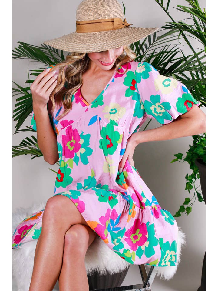 Vine & Love - Wholesale Dress - Women's - V-Neck Short Bubble Sleeve Floral Printed Mini Dress VD81819