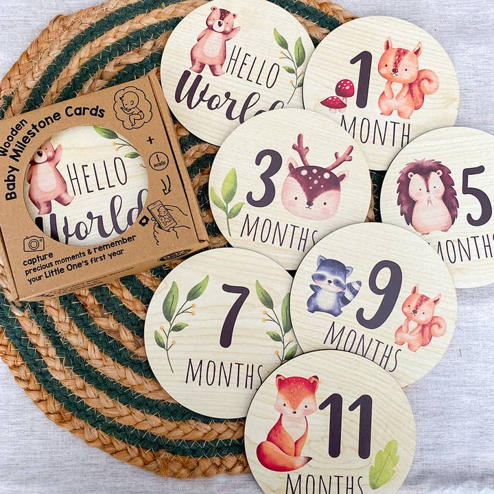 Wooden Baby Milestone Cards - Woodland for wholesale by EnjoyMyDesign