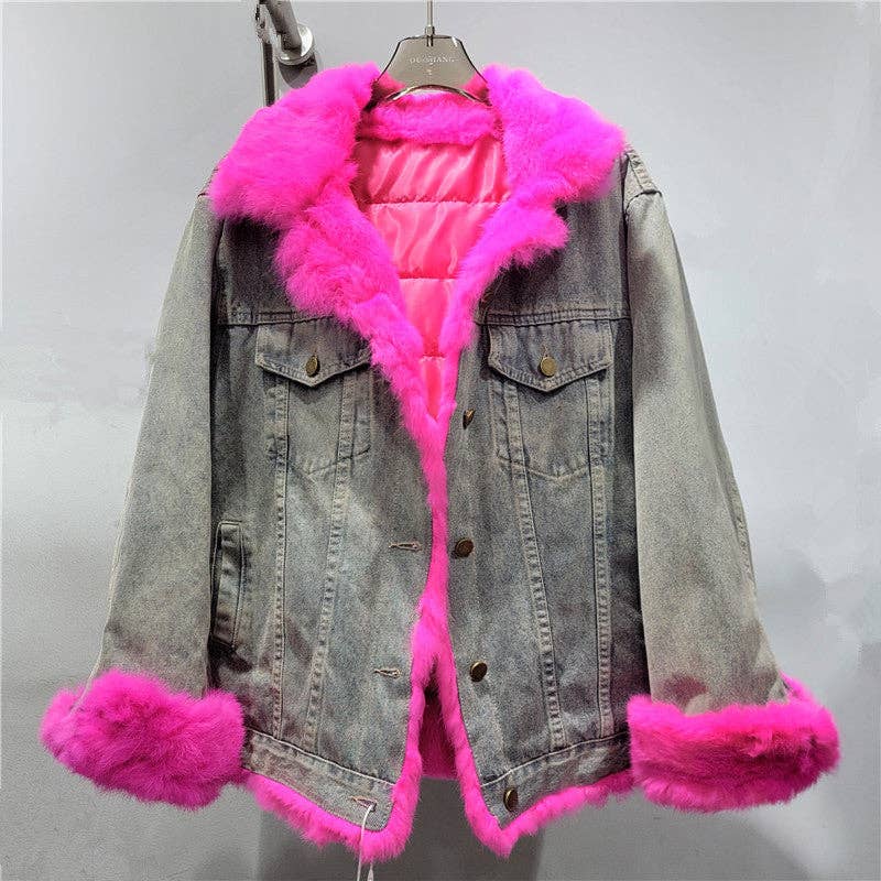 Sanyao Fashion - Wholesale Fur/Faux Fur Coat - Women's - M268 Winter Contrast Stitching Denim Loose Fur Cotton Coat4
