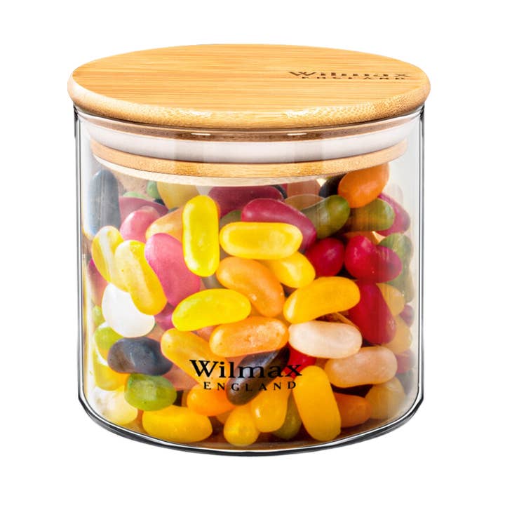 Elegante tarro de almacenamiento de vidrio borosilicato con tapa de bambú para venta al por mayor de Wilmax Europe