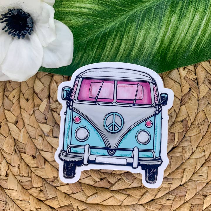 Savannah and James Co - Wholesale Sticker - Retro Van, White Vinyl Sticker, 3x3 inch1