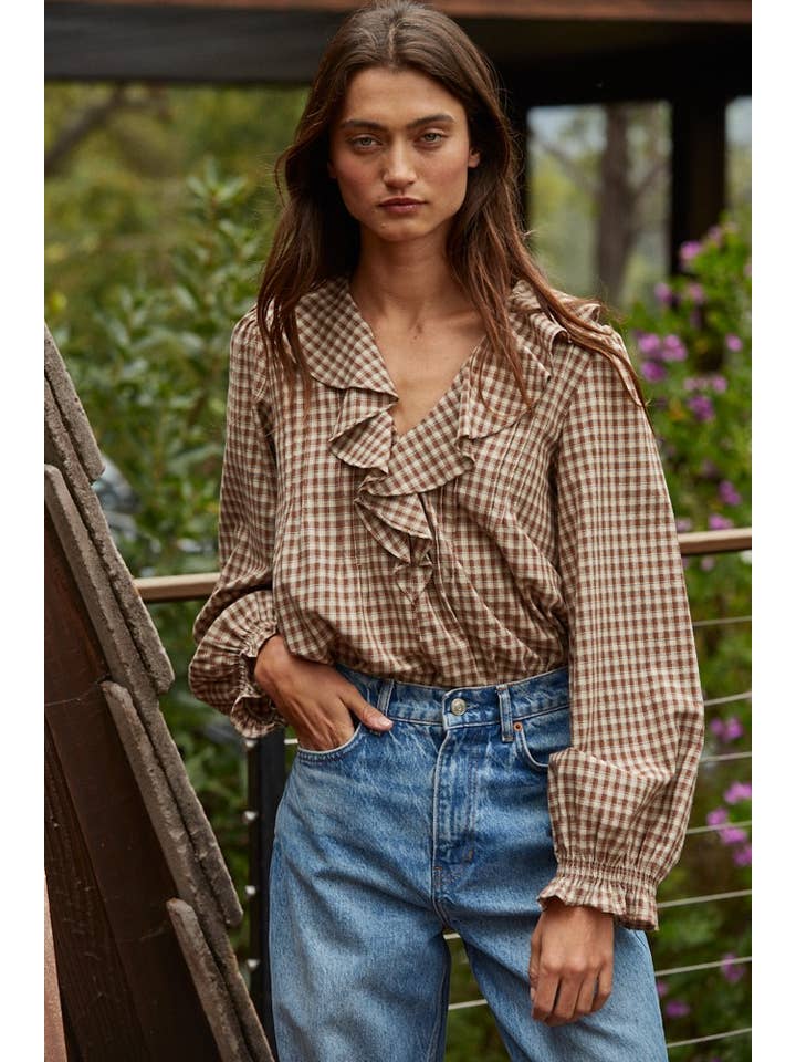 Brown L8738 | Woven Cotton Gingham Ruffled Blouse for wholesale on Faire