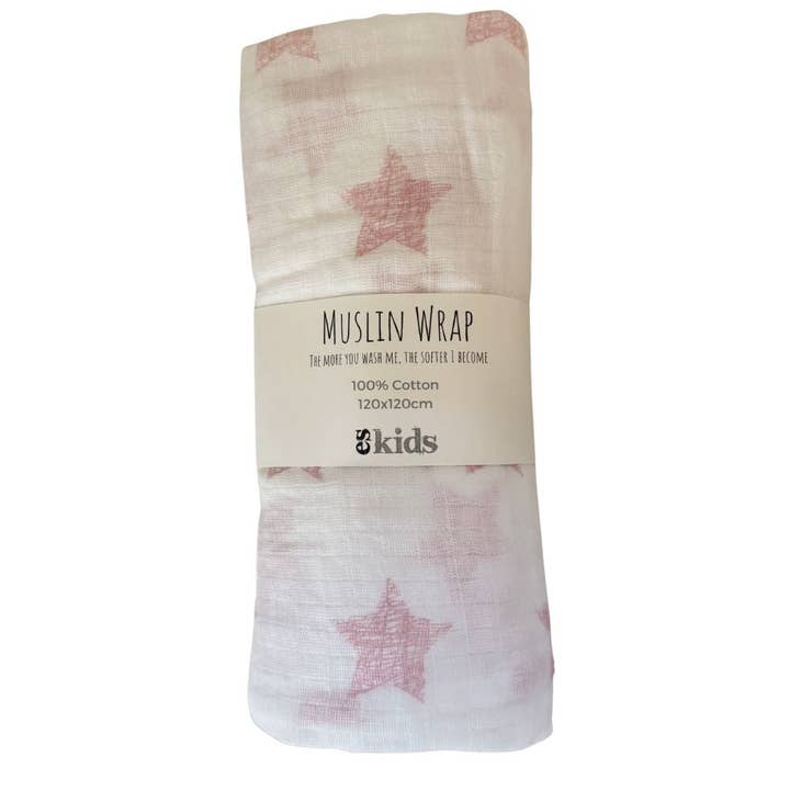 Muslin Wrap - Pink Star - 120x120cm for wholesale by ES Kids