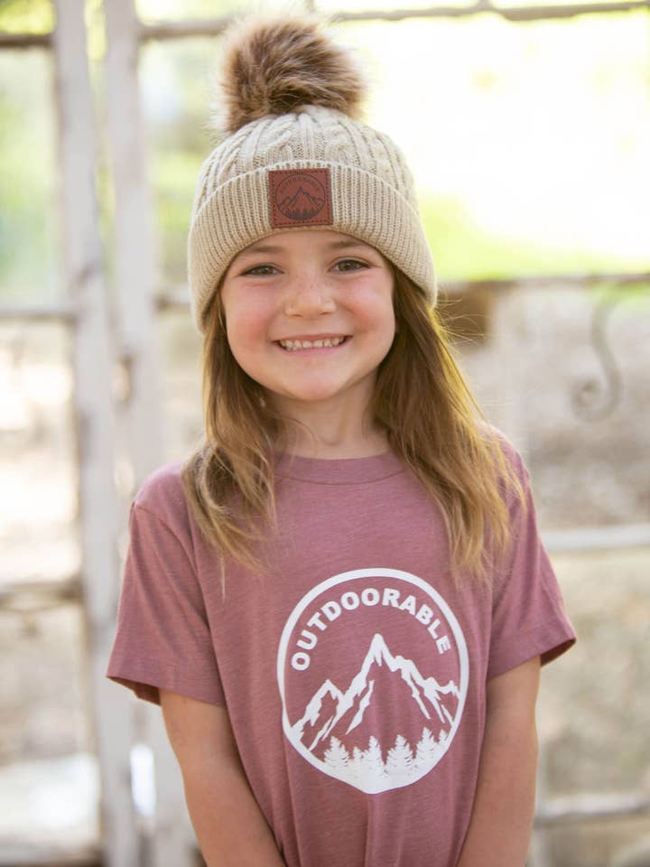 Child Outdoorable Tan Pom Pom Beanie for wholesale by Outdoorable Apparel