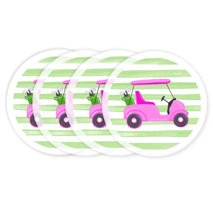 Coasters - Pink Golf Cart on Green Stripes for wholesale by Peachy Pendants