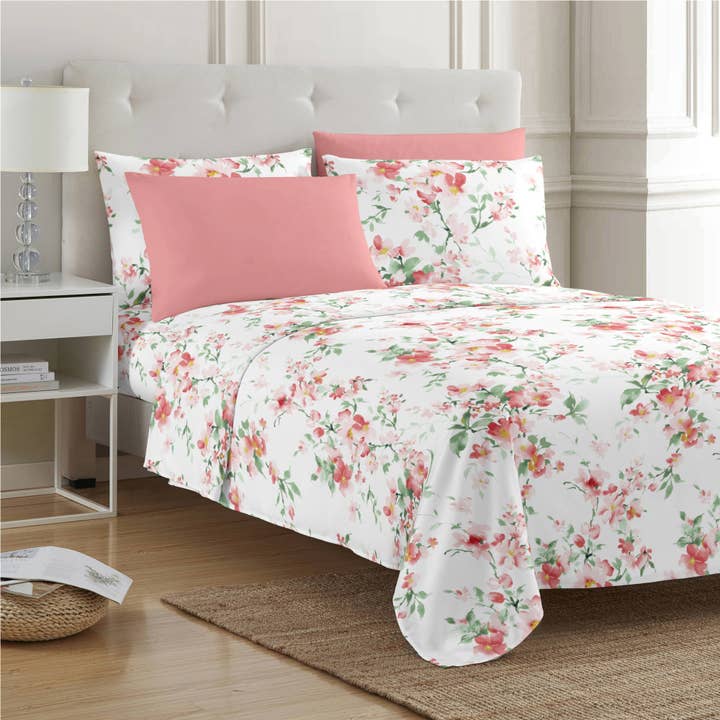 Ensemble de draps en microfibre doux et infroissable PREMIUS Jennifer, blanc-rose pour la vente par ShopBobbys