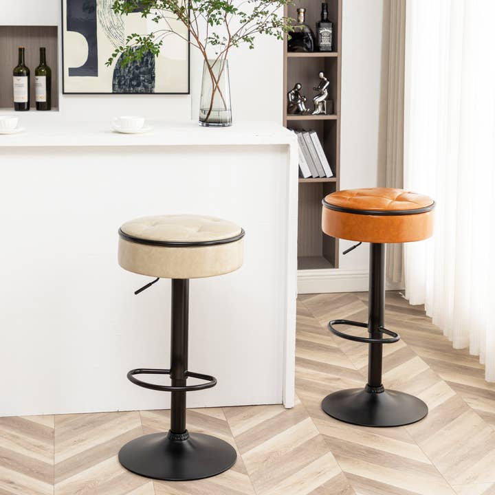 Orange County Decor - Wholesale Stool - Round Storage Bar Stool Set Of 2, Khaki Faux Leather Height Adjustable Barstool, 360 Counter Height Swivel Stool, Armless Bar Chair With Metal Frame For Kitchen Counter Dining Living Room Khaki Set12