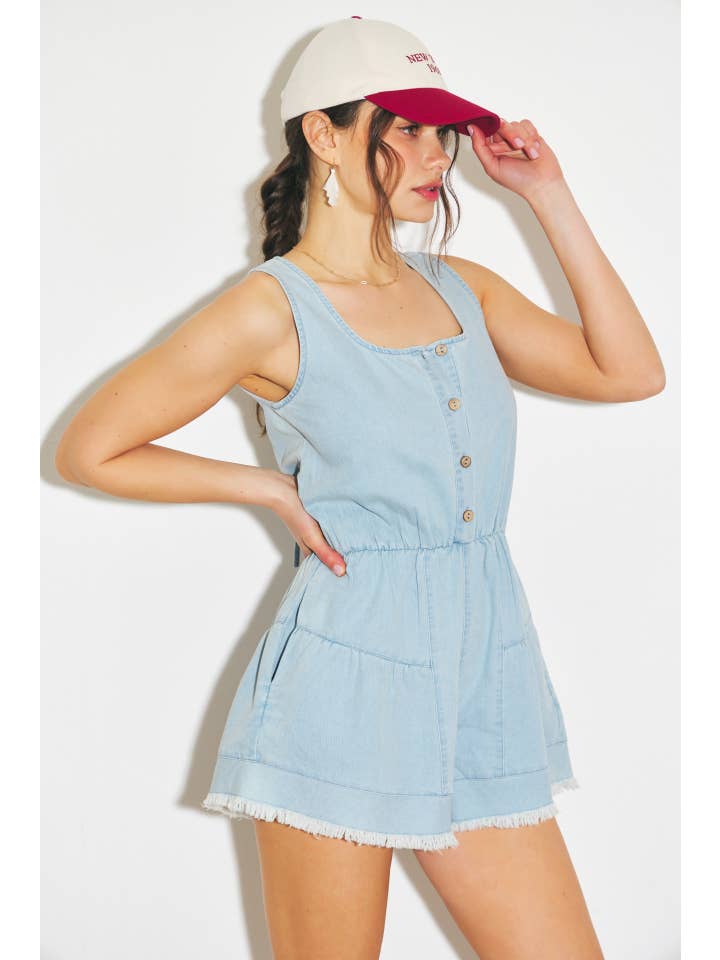 WASHED DENIM ROMPER WITH DISTRESSED DETAILING for wholesale on Faire