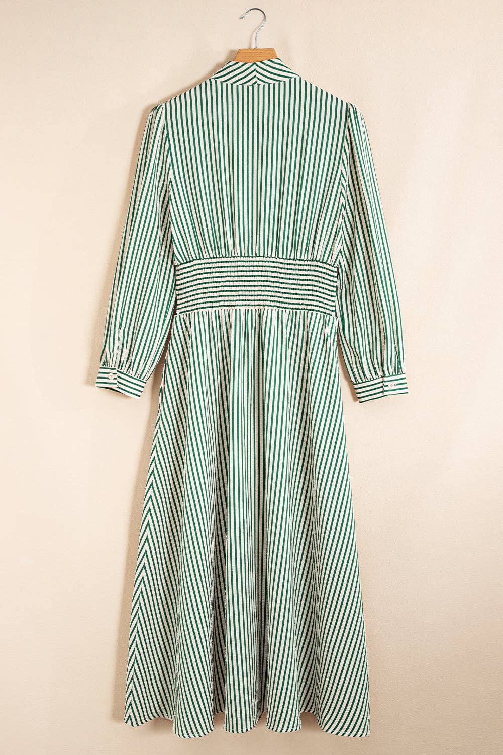 Lovesoft - Wholesale Dress - Women's - Green Stripe V Neck Zip Front Cinched High Waist Midi Dress4