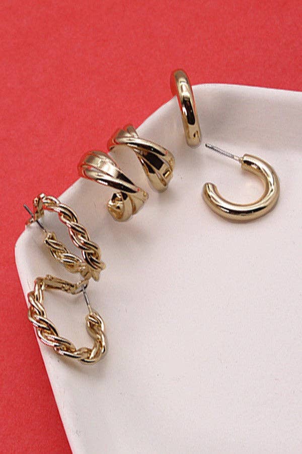 GOLD TWISTED TRIO HOOP EARRINGS | 31E23146 for wholesale on Faire0
