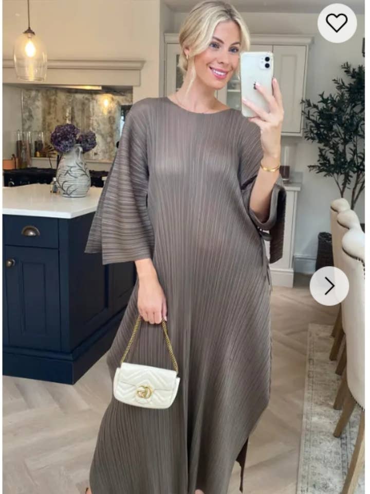 Full Length Pleated maxi dress with cap sleeves in Moka for wholesale by CY FASHION. LONDON