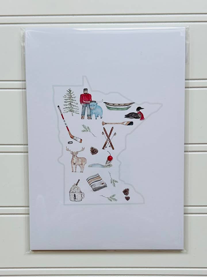 Watercolor illustrated 5x7 print-Minnesota icons for wholesale by LSA-studio