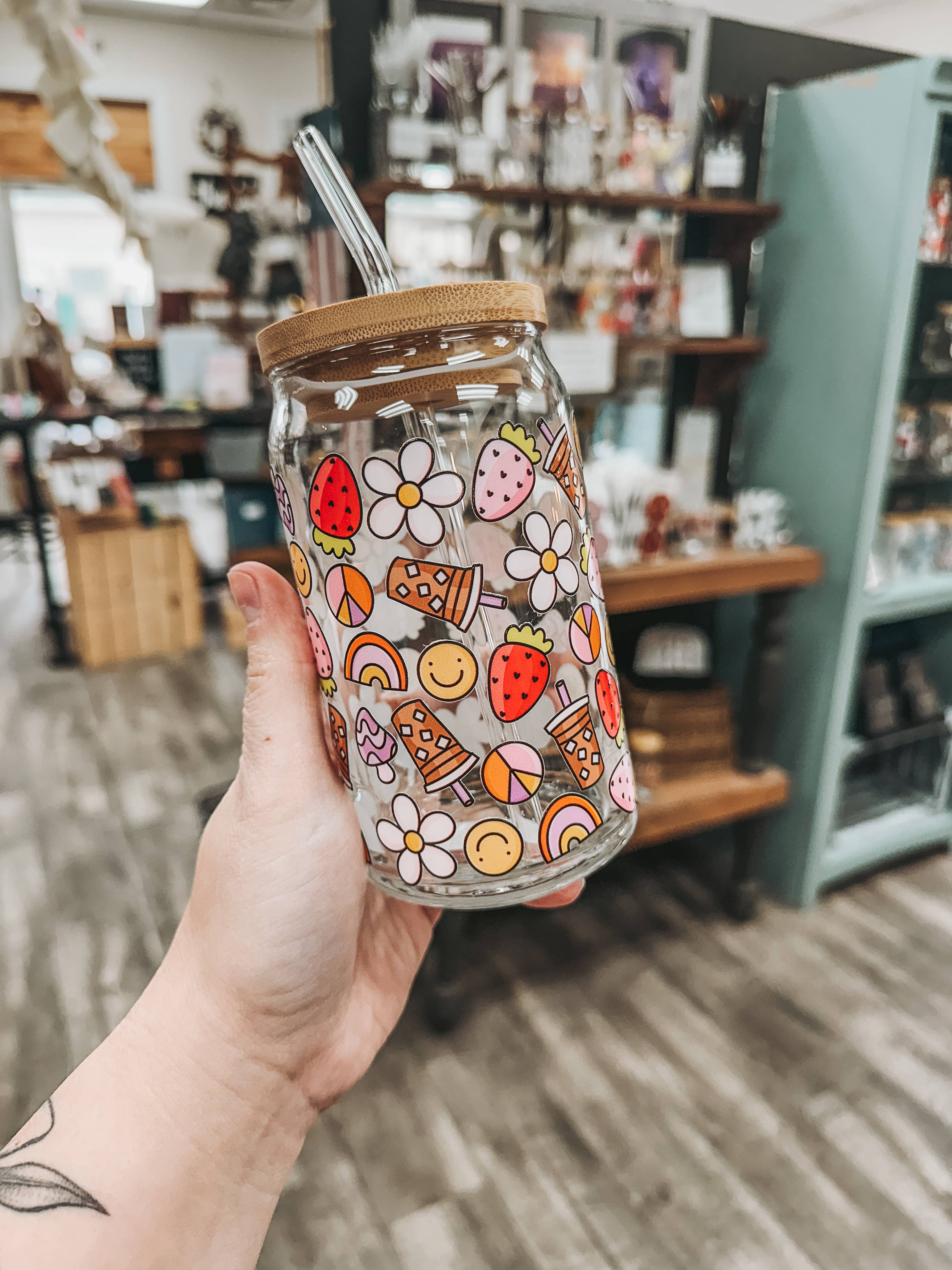 BidwellbyDesign – wholesale Drinking glass/cup – Peace and Coffee Glass Can Cup 0