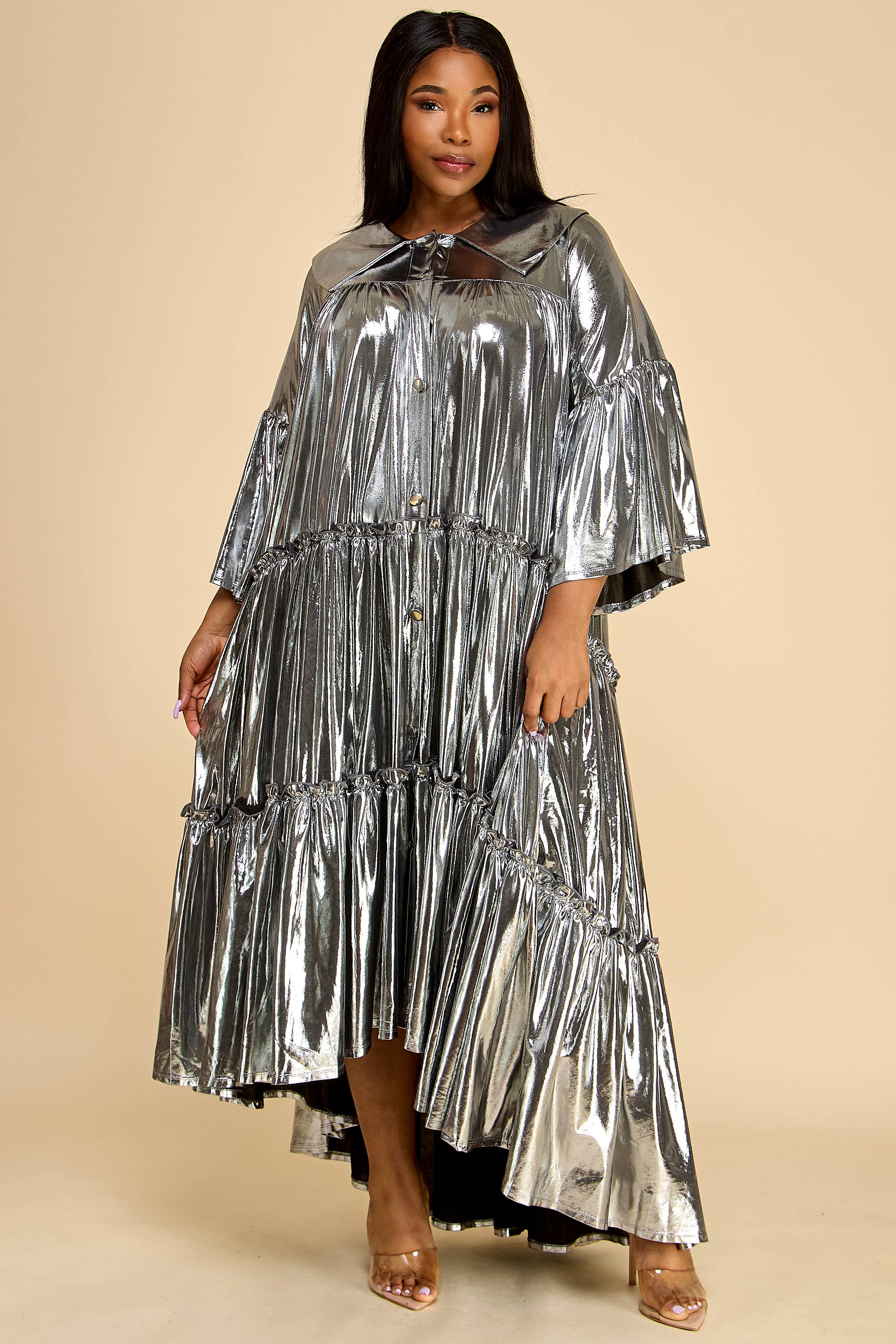 Namatt Design - Vente Robe – femme - Robe évasée plissée métallisée à plusieurs niveaux à manches évasées8