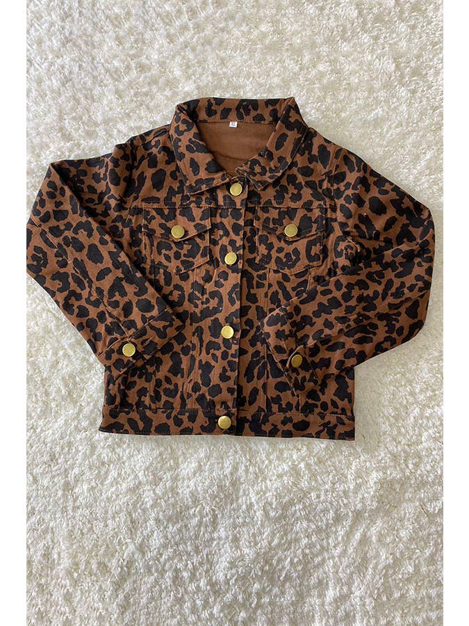 luluclothes - Wholesale Denim Jacket - Kids - Kids Brown leopard printed long sleeve denim jacket DLH25832