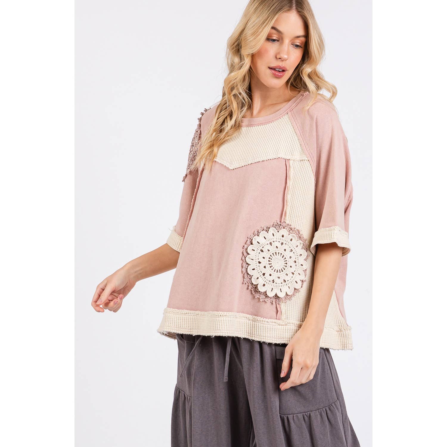 Sage VINTAGE CROCHET PATCHWORK TOP (ST7715) for wholesale on Faire12