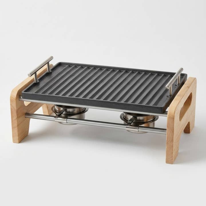 KIT ELEVADOR PARA BBQ: Grelha de ferro fundido esmaltada com suporte em madeira por atacado de LUNAWAY CAST IRON