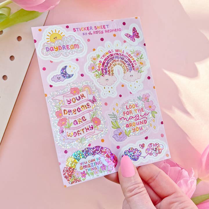 The Rosy Redhead - Wholesale Sticker - Daydream Cute Glittery Positivity Waterproof Sticker Sheet2