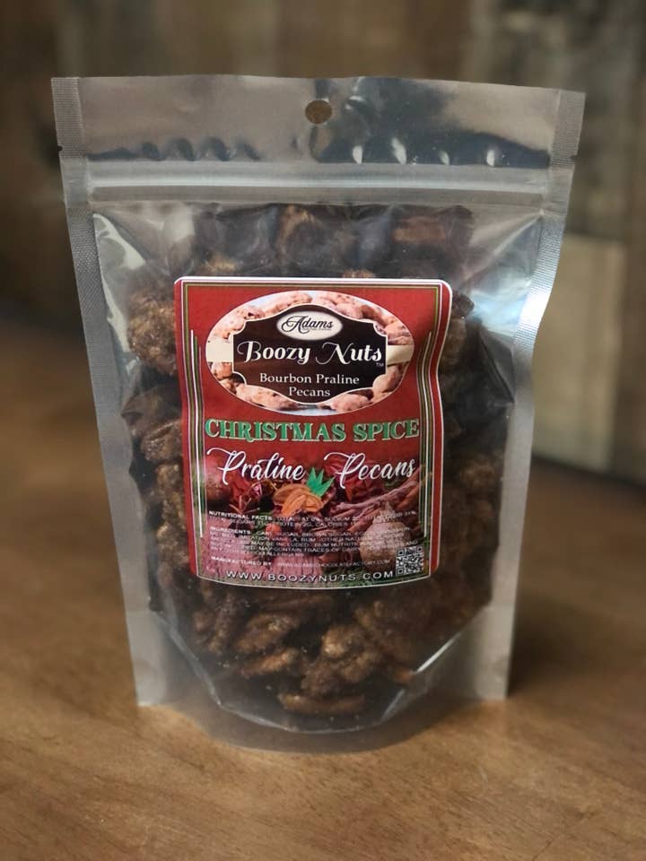 Christmas Spice Whiskey Pecans • Boozy Nuts™ 8 oz for wholesale by Adams Chocolate Factory & Boozy Nuts