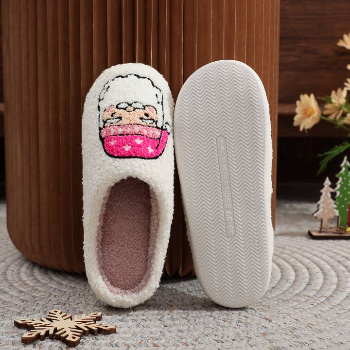 White Holiday Christmas Pink Santa Claus Plush Home Slippers for wholesale on Faire