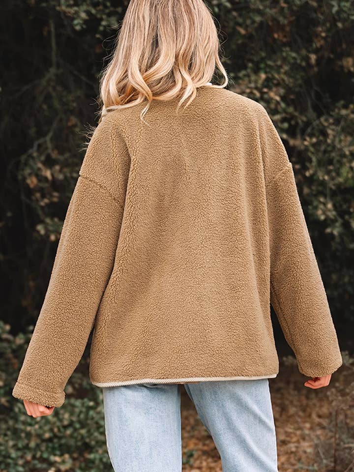 Light French Beige Puffy Plush Corduroy Edge Patchwork Jacket with Big Pockets for wholesale on Faire1