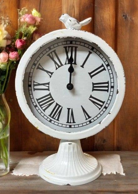 DNS Designs - Wholesale Desk Clock - White Distressed Bird Clock on Pedestal0