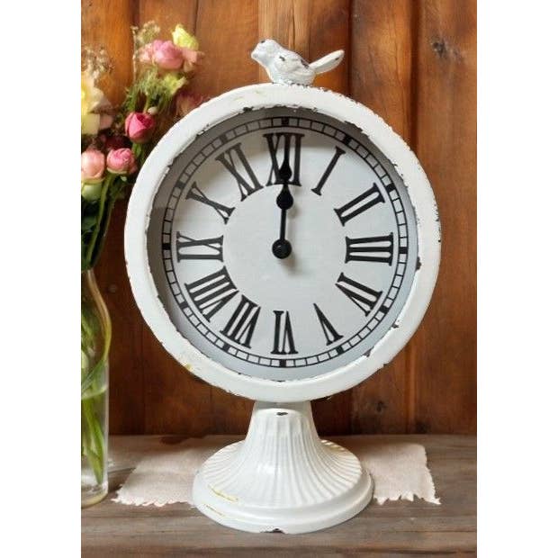 DNS Designs - Wholesale Desk Clock - White Distressed Bird Clock on Pedestal