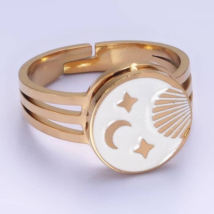 Bague triple bande ronde en acier inoxydable émail blanc céleste soleil lune étoiles | O1299 pour la vente par Aim Eternal
