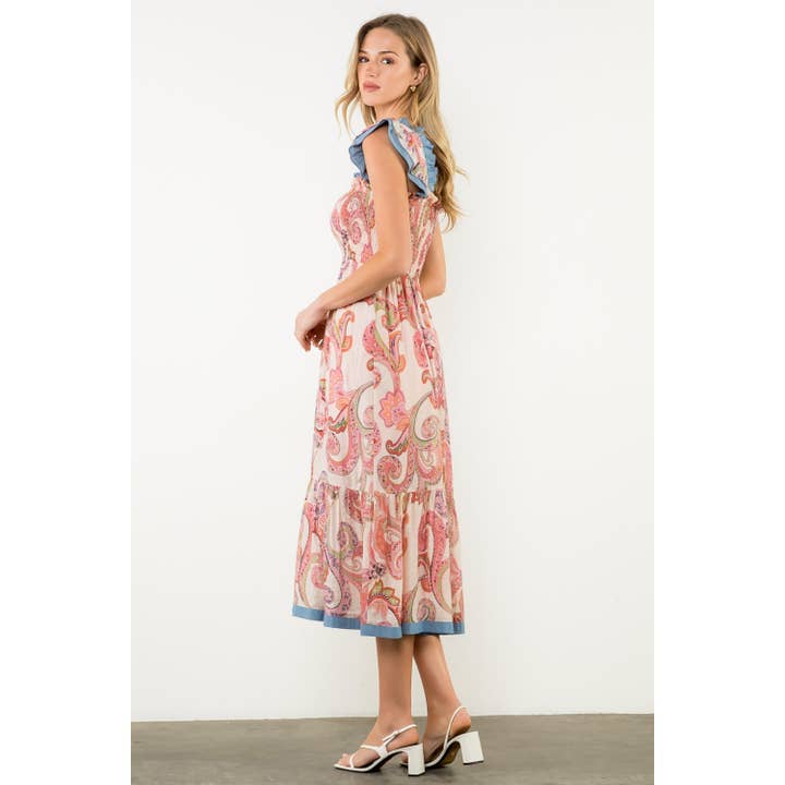 THML - Vendita all'ingrosso Vestito - Donna - Abito lungo con maniche a farfalla arricciate e stampa paisley