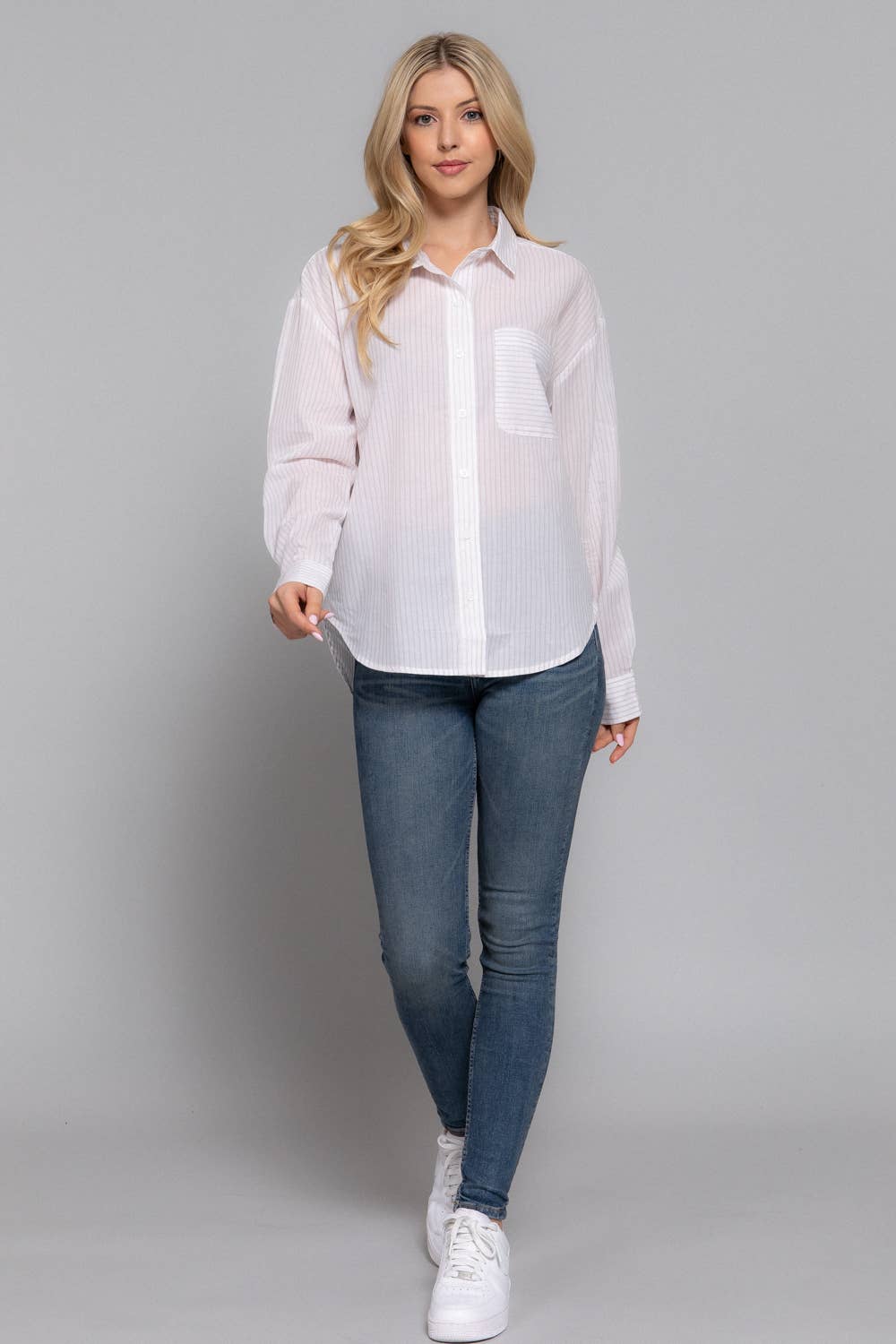 Active Basic | Active USA - Wholesale Button Down Shirt - Women's - Long Sleeve Y/D Stripe Voile Shirt14