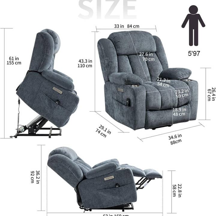 Power Lift Recliner Chair With Full Body Massage And Heat In Elegant Blue Chenille Fabric for wholesale on Faire2