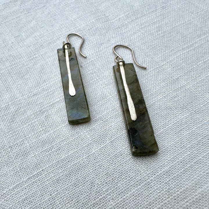 iNk Jewelry - Wholesale Dangle Earrings - Labradorite and Sterling Silver Long Rectangle Earrings "Slice" by iNk Jewelry2