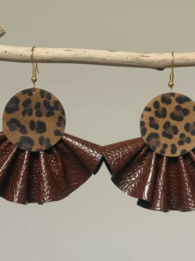 Big Brown Leather Croc Ruffle Earrings with Leopard Fur for wholesale by Designed By Risha
